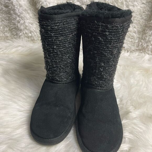 Minnetonka Tall Suede Tweed Boots Sheepskin/ Wool Lining Black/Gray SZ7 - Picture 2 of 9